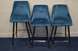 THREE MODERN BLUE UPHOLSTERED BAR STOOLS, of two sizes