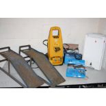 A PAIR OF STEEL CAR RAMPS, together with a JCB pressure washer (no hose), one attachment, boxed