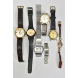 A SELECTION OF WRISTWATCHES, a black hinged box to include a 9ct gold case ladies wristwatch, with a