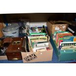 FIVE BOXES OF BOOKS, EQUESTRIAN EQUIPMENT, SMALL QUANTITY OF STAMPS, LOOSE ITEMS, etc, including