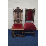 AN EARLY 20TH CENTURY CARVED OAK HALL CHAIR, together with another similar hall chair (2)
