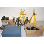A SELECTION OF AUTOMOTIVE TOOLS AND ACCESSORIES including industrial axle stands, light weight