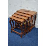 A REPRODUCTION HARDWOOD ORIENTAL NEST OF FOUR TABLES, box strung with ebonised and brass inlay and