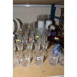 A QUANTITY OF DRINKING GLASSES, LIGHT SHADES, PAPERWEIGHT, etc, including Edinburgh crystal