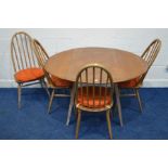 AN ERCOL 1950/60'S BLONDE ELM AND BEECH OVAL DROP LEAF DINING TABLE, on four outsplayed square