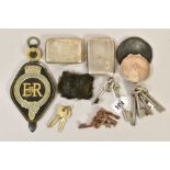 A SMALL COLLECTION OF SILVER KEYS, etc, including two George V rectangular silver cigarette cases,