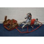 A VINTAGE TIN ROCKING HORSE, with a dismantled frame, together with a painted wooden child's rocking