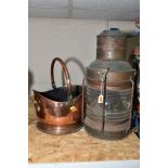 A VINTAGE COPPER SHIPS LANTERN AND A COPPER COAL SCUTTLE, the lantern bears plaques 'ANCHOR' and '
