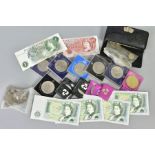 A SMALL BOX OF COINS AND BANKNOTES, to include a packet of silver three pence coins, a 1937 crown,