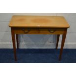 A TEAK SIDE TABLE, with two drawers on square tapering legs, width 95cm x depth x height 74cm