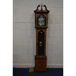 A REPRODUCTION BURR WALNUT AND FOLIATE INLAID LONGCASE CLOCK with a tempus fugit brass and