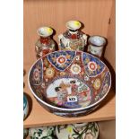 A LATE 20TH CENTURY JAPANESE IMARI BOWL, diameter 25cm, together with two Satsuma pottery vases