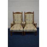 A PAIR OF EDWARDIAN WALNUT PARLOUR CHAIRS, with floral striped upholstery