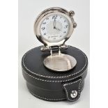 A MONTBLANC TRAVEL ALARM CLOCK WITH CASE, the white dial with Arabic numerals, signed 'Montblanc'