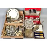 A BOX OF SILVER PLATE, etc, including cased and loose cutlery, crumb tray, pewter tankard, two