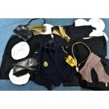 A BOX OF MILITARY CLOTHING ITEMS to include mens black trousers, ladies black skirts, ladies leather