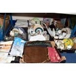TEN BOXES AND LOOSE CERAMICS, GLASSWARE, PICTURES, HOUSEHOLD SUNDRIES AND TABLE LINEN, ETC,