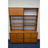 A G PLANT TEAK TWO SECTION BOOKCASE, the top with various shelving and double cupboard doors, (