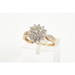 A 9CT GOLD DIAMOND CLUSTER RING, the tiered cluster set with single cut diamonds, to the diamond set