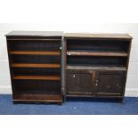 A MODERN MAHOGANY OPEN BOOKCASE, width 78cm x depth 34cm x height 109 together with an oak