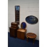 A MID 20TH CENTURY TEAK TWO DOOR RECORD CABINET, a walnut cased singer sewing machine, an oak two