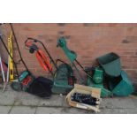 A QUALCAST PETROL CYLINDER LAWN MOWER with grass box (engine not seized) together with an electric