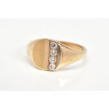A 9CT GOLD DIAMOND SIGNET RING, the plain polished square panel set with four round brilliant cut