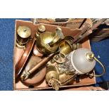 A BOX OF COPPER AND BRASS, to include graduated brass saucepans, brass candlesticks, bottle jack,