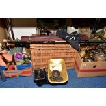 FOUR BOXES AND LOOSE SUNDRY ITEMS, to include a bottle jack with accessory. Assorted brass and