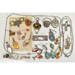 A SELECTION OF ITEMS, to include a pair of amber set openwork drop earrings with matching pendant,