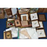 TWO BOXES OF LINEN & PICTURES ETC, to include christening gowns, framed butterfly, empty photo