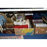 FOUR BOXES AND LOOSE BOOKS, MODERN DOLLS, OIL PAINTINGS AND PRINTS, etc, including a suitcase of