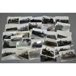 A QUANTITY OF BLACK AND WHITE POSTCARD SIZE RAILWAY PHOTOGRAPHS AND POSTCARDS, majority are L.M.