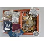 A WOODEN BOX OF MIXED COINAGE, to include a one ounce silver bar, a part silver buckle, a 1887