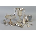 A SMALL PARCEL OF SILVER INCLUDING A TWIN HANDLED TROPHY CUP, engraved 'MONMOUTH REGATTA 1936,