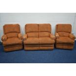 AN ORANGE UPHOLSTERED THREE PIECE LOUNGE SUITE, comprising a reclining two seater, width 136cm and a