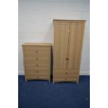 AMODERN BEECH TWO PIECE BEDROOM SUITE, comprising a double door wardrobe with two drawers, width