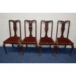 A SET OF FOUR EDWARDIAN MAHOGANY SPLAT BACK DINING CHAIRS with drop in seat pads