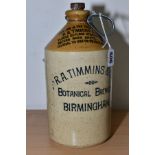 A STONEWARE FLAGON WITH PRINTED NAME, 'R.A.Timmins & Co Botanical Brewers, Birmingham', impressed