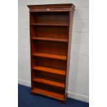 A TALL MODERN CHERRYWOOD OPEN BOOKCASE, with five adjustable shelves, width 89cm x depth 29cm x