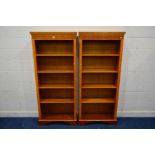 A PAIR OF MODERN YEWWOOD OPEN BOOKCASES, with four adjustable shelves, width 80cm, x depth 30cm x