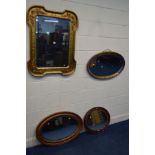 A MODERN GILT WOOD BEVELLED EDGE WALL MIRROR, 74cm x 94cm (sd), together with three various oval