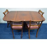 A MODERN MAHOGANY DROP LEAF PEDESTAL TABLE, open length 151cm x closed length 62cm x depth 93cm x