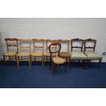 A PAIR OF EDWARDIAN MAHOGANY DINING CHAIRS, together with five cane seated chairs (sd), and