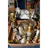 A BOX OF THOMAS OF GERMANY TEA/COFFEE WARES WHITE WITH SILVER ACCENTS, together with a box of brass,
