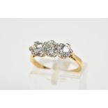 A NEARLY TO MID 20TH CENTURY THREE STONE DIAMOND RING, three transitional cut diamonds, measuring