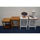 A SQUARE GOLDEN OAK OCCASIONAL TABLE, together with a pair of white bedside tables, beech occasional