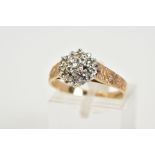 A 9CT GOLD DIAMOND CLUSTER RING, the tiered cluster designed with illusion set single cut diamonds,