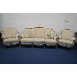 A REPRODUCTION FRENCH CREAM UPHOLSTERED THREE PIECE SUITE, comprising a three seater settee, width