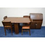 A 1940'S OAK GATE LEG TABLE, four chairs together with an oak bureau (6)